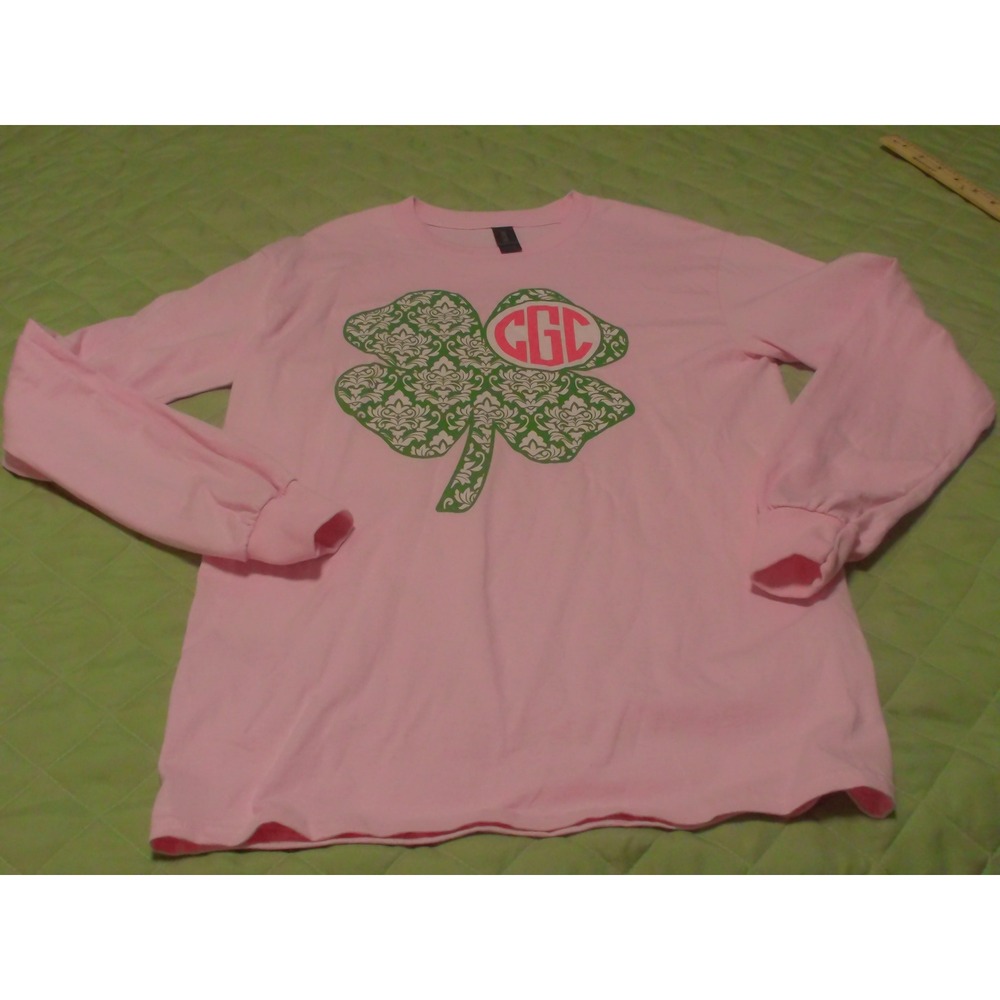 Gildan Ultra Cotton Pink Long Sleeve T-Shirt Four Leaf Clover Monogram Small